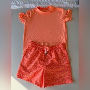 Boys XL bright orange swim trunks and L Husky swim top